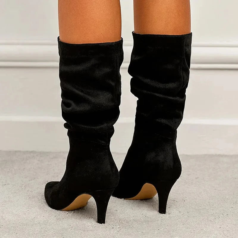 PDEP 2023 spring plus size catwalk wrinkled artificial suede stiletto heel boots shoes for women knee-high