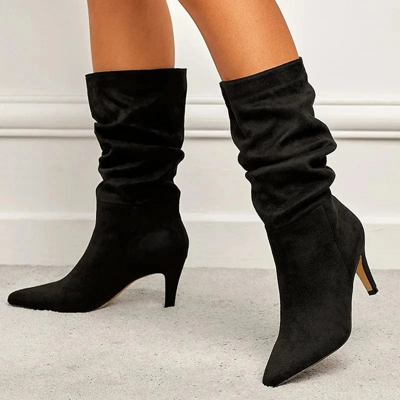 PDEP 2023 spring plus size catwalk wrinkled artificial suede stiletto heel boots shoes for women knee-high