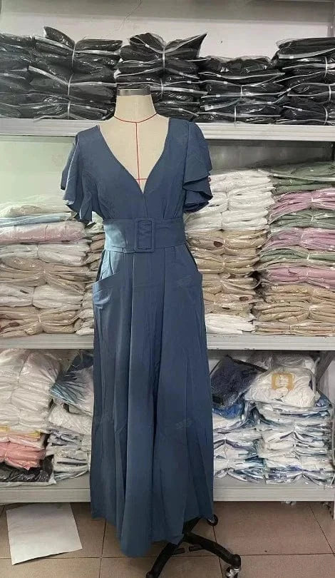 PDEP 2024 new V-neck solid colors ruffled sleeves long dress for women formal dresses women lady elegant