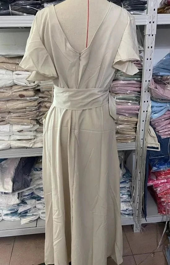 PDEP 2024 new V-neck solid colors ruffled sleeves long dress for women formal dresses women lady elegant