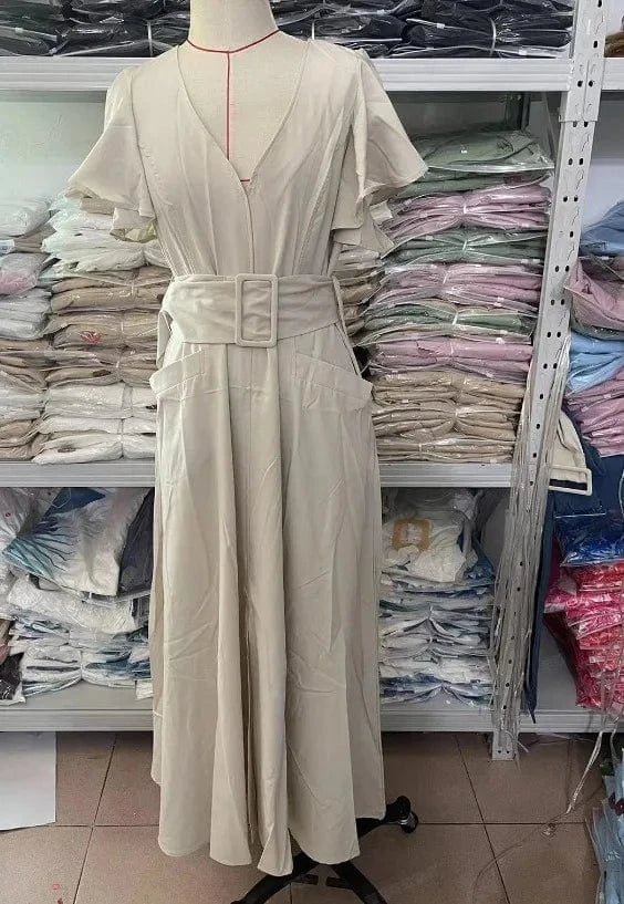 PDEP 2024 new V-neck solid colors ruffled sleeves long dress for women formal dresses women lady elegant