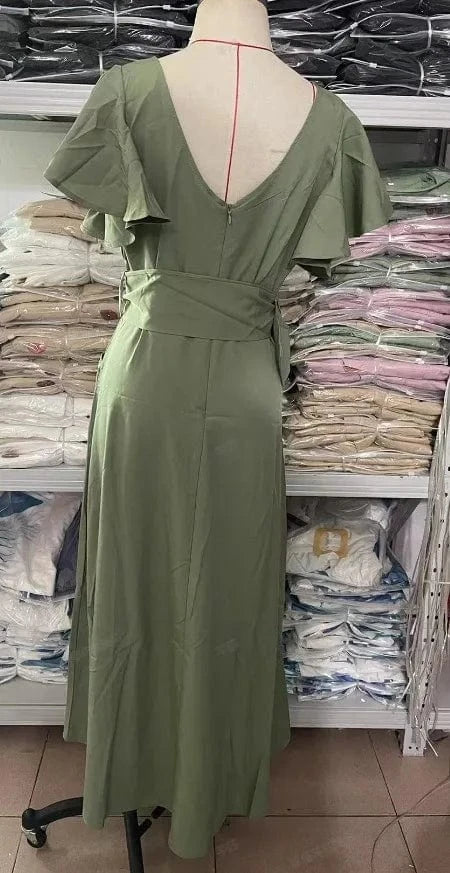 PDEP 2024 new V-neck solid colors ruffled sleeves long dress for women formal dresses women lady elegant