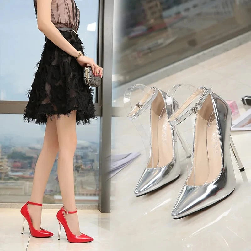 PDEP big size 46 ankle strap artificial patent leather pointed heels for ladies Mary Jane slim sexy high heeled shoes pumps