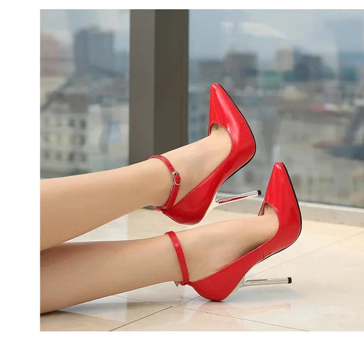 PDEP big size 46 ankle strap artificial patent leather pointed heels for ladies Mary Jane slim sexy high heeled shoes pumps