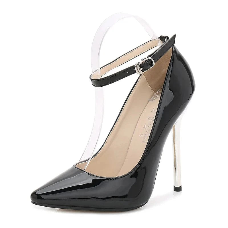 PDEP big size 46 ankle strap artificial patent leather pointed heels for ladies Mary Jane slim sexy high heeled shoes pumps