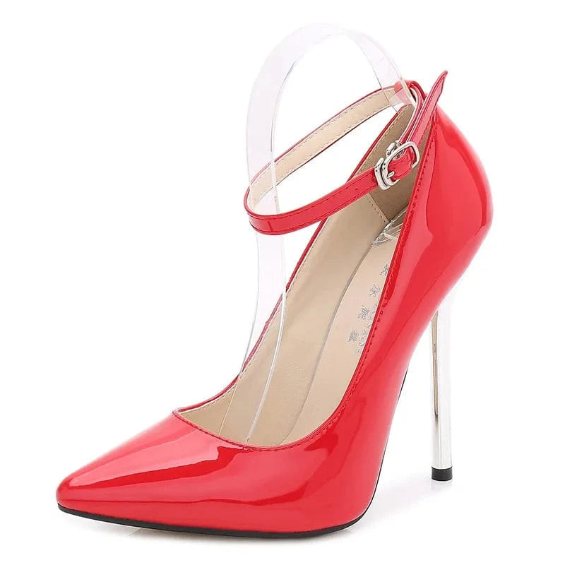 PDEP big size 46 ankle strap artificial patent leather pointed heels for ladies Mary Jane slim sexy high heeled shoes pumps