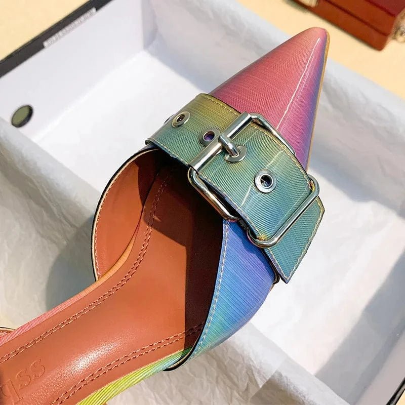 PDEP fashion designer casual pointed rainbow rivet high heels dress shoes for women buckle party low heel sandals for ladies
