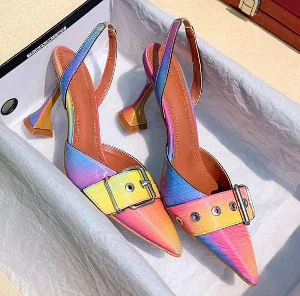PDEP fashion designer casual pointed rainbow rivet high heels dress shoes for women buckle party low heel sandals for ladies