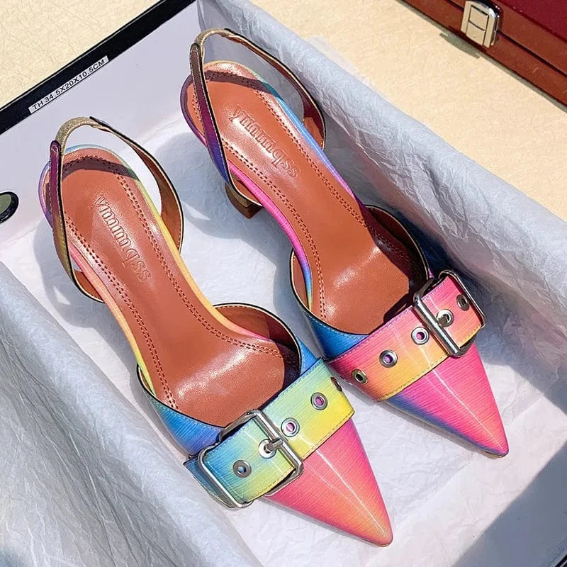PDEP fashion designer casual pointed rainbow rivet high heels dress shoes for women buckle party low heel sandals for ladies
