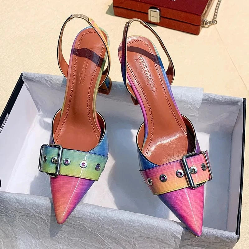 PDEP fashion designer casual pointed rainbow rivet high heels dress shoes for women buckle party low heel sandals for ladies