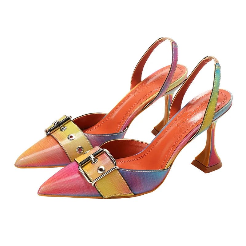 PDEP fashion designer casual pointed rainbow rivet high heels dress shoes for women buckle party low heel sandals for ladies