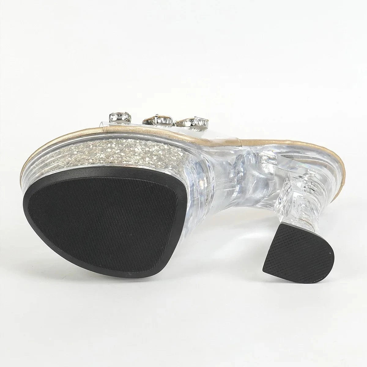 PDEP Glass rhinestone block heel clear crystal slippers women's summer platform chunky sexy nightclub dance heels sandals