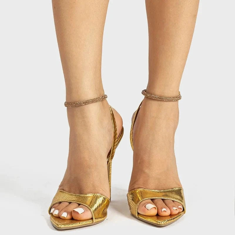 PDEP  high-heeled sandals female 2023 summer new thin heel PVC rhinestones gold ladies high heels sandales femme