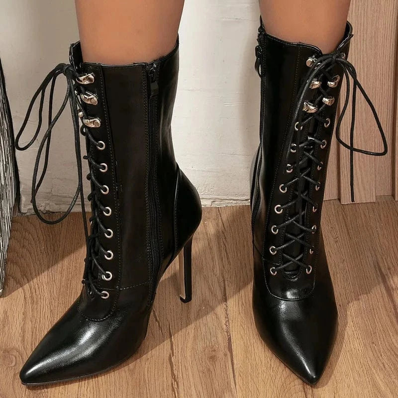 PDEP ladies Large Strap High Heel boots black thin stiletto heel Front Lace up Pointed Women Boots Winter