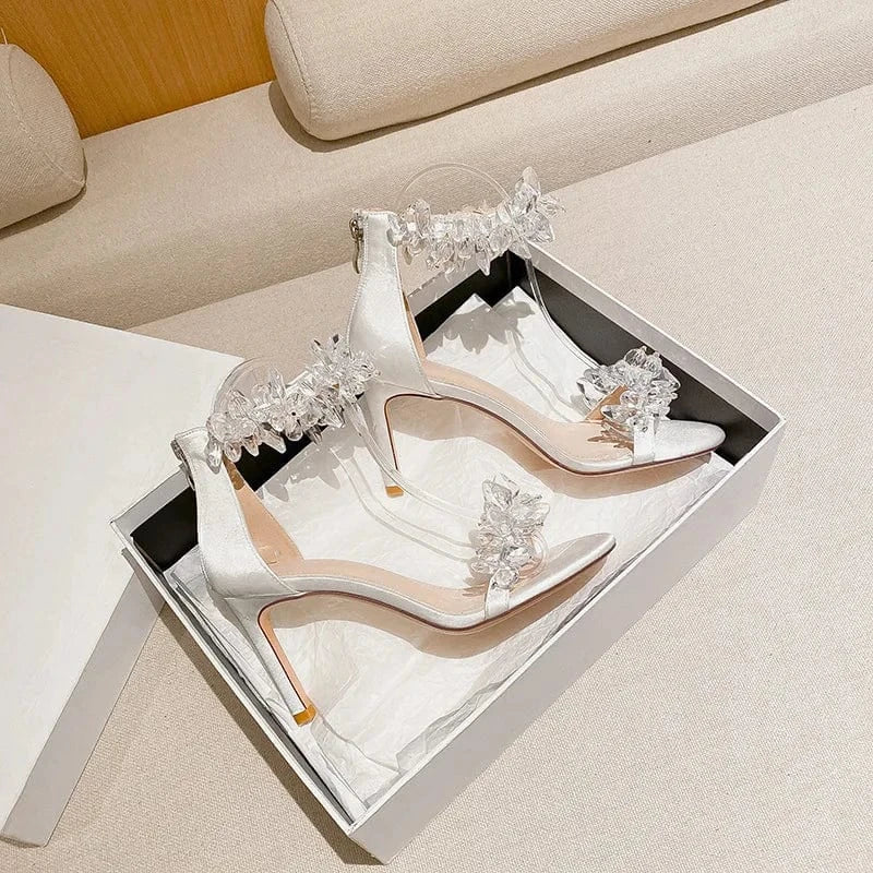 PDEP luxury crystal rhinestone ankle belt high quality bridal wedding shoes stiletto white women lace up bridal heels