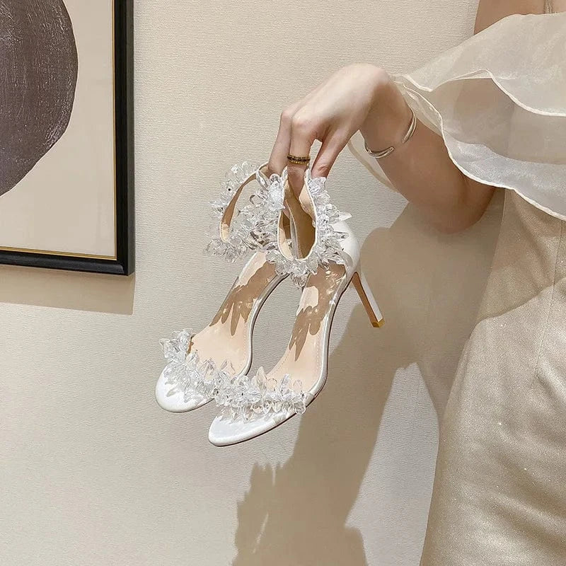 PDEP luxury crystal rhinestone ankle belt high quality bridal wedding shoes stiletto white women lace up bridal heels