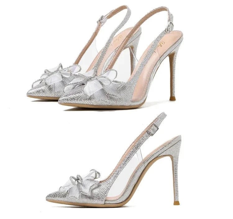 PDEP New stiletto point toe elegant bridal wedding shoes sling back rhinestone bow sexy ladies high heels shoes 2023