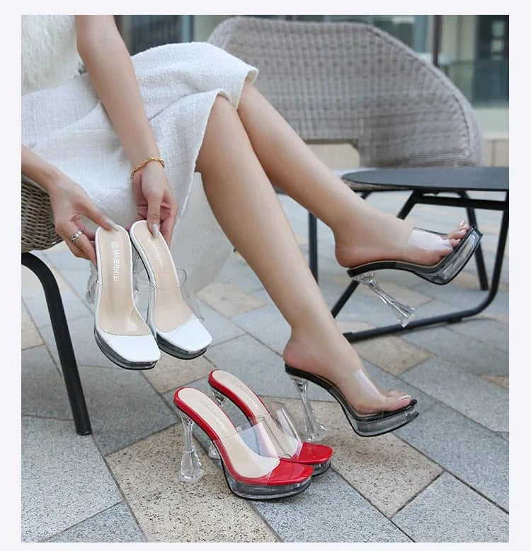 PDEP nightclub transparent fish mouth block heel platform stripper high heels catwalk  women's sandals dancing shoes