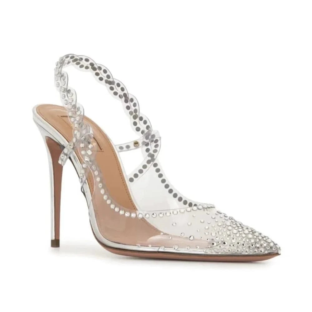 PDEP point toe elegant transparent rhinestone silver fashion trend heel for women new stiletto ladies wedding shoes for bride