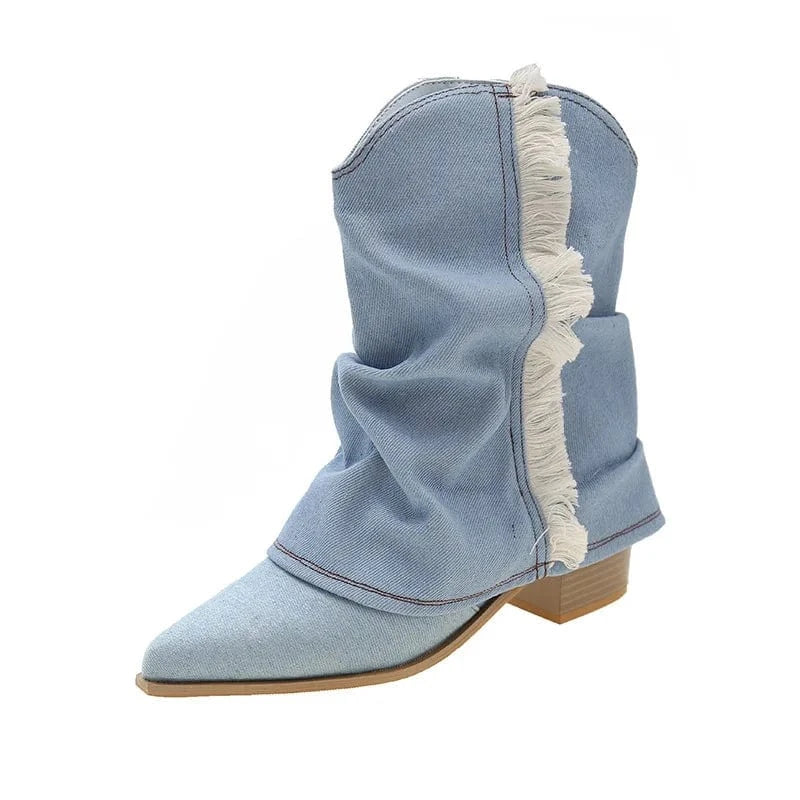 PDEP Tassel western Cowboy boot for women new pointy toe block thick heel large sleeve short denim boots women shoes