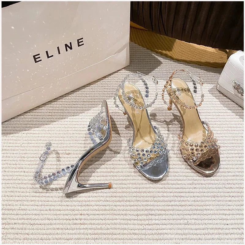 PDEP women heels 2023 luxury High Quality rhinestone crystal heeled sandals summer ankle strap stiletto thin heels for ladies