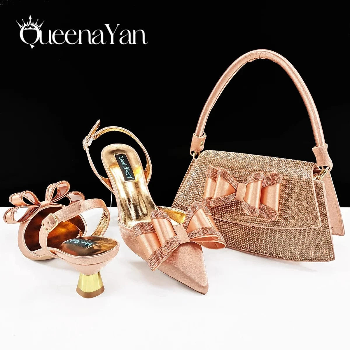 Peach / 42 / CHINA Queena Yan latest Italian women's shoes and accessories bag rhinestone butterfly decoration elegant pointed toe wedding bridal