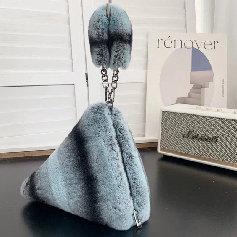Peacock Blue Autumn Winter New Fur Handbag Bag Handbag Fur Bag Real Rabbit Fur Plush Triangle Bag