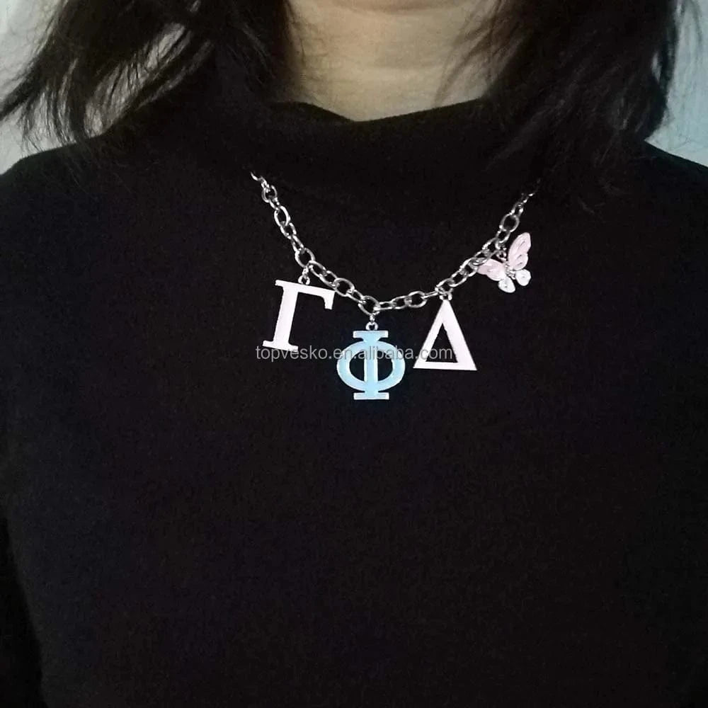 Pendant necklace / 01 Yiwu Factory Wholesale High Quality Greek Sorority Gamma Phi Delta Letter Butterfly Pendant Necklace Women Jewelry