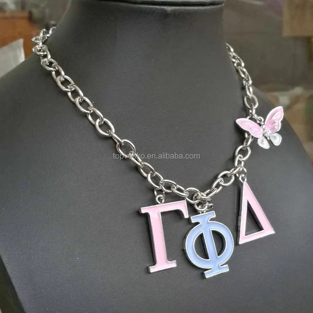 Pendant necklace / 01 Yiwu Factory Wholesale High Quality Greek Sorority Gamma Phi Delta Letter Butterfly Pendant Necklace Women Jewelry