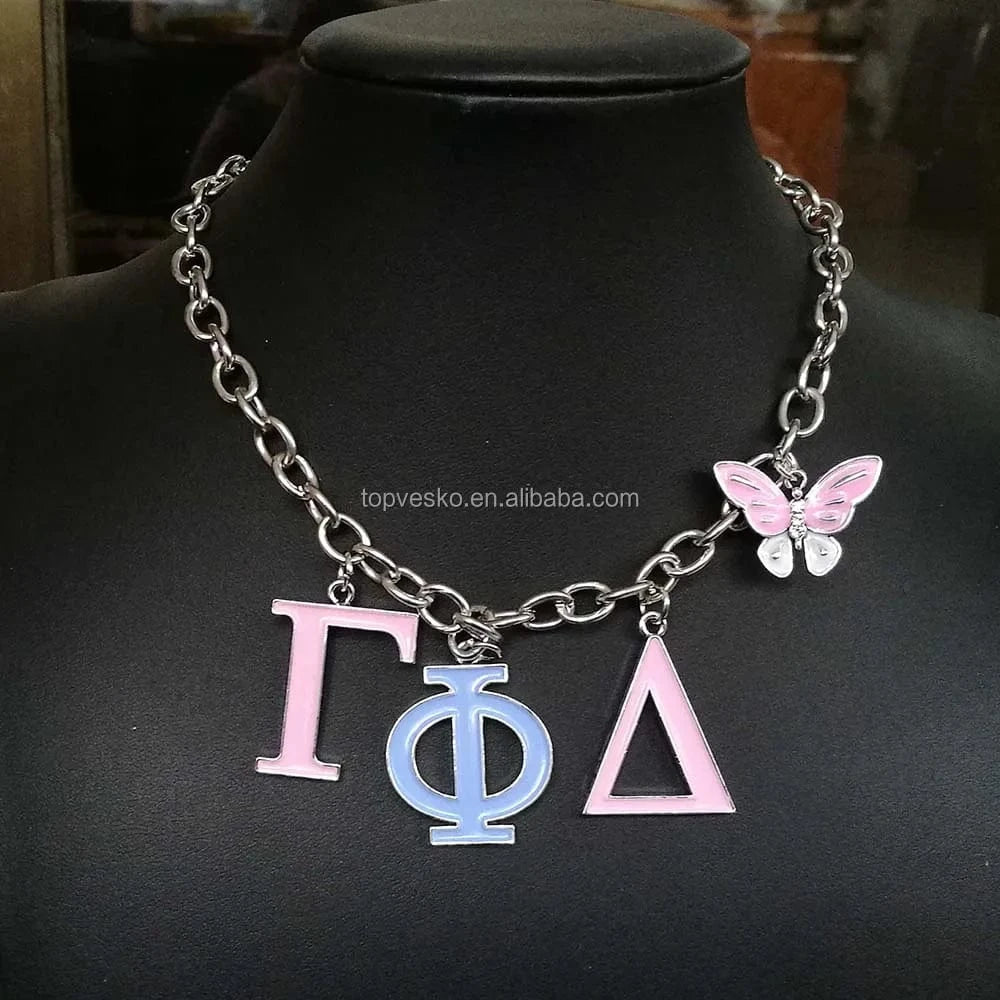 Pendant necklace / 01 Yiwu Factory Wholesale High Quality Greek Sorority Gamma Phi Delta Letter Butterfly Pendant Necklace Women Jewelry