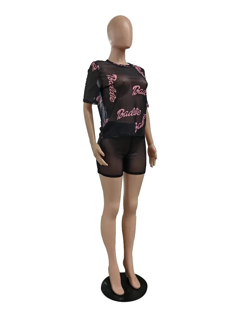Perspective Mesh Outfits Fashion Letter Printing Women Sexy Crop Top Shirt Booty Shorts 2 Piece Set