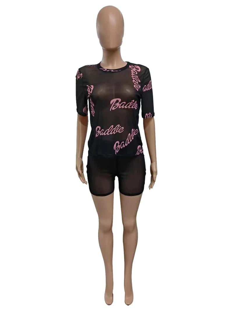 Perspective Mesh Outfits Fashion Letter Printing Women Sexy Crop Top Shirt Booty Shorts 2 Piece Set