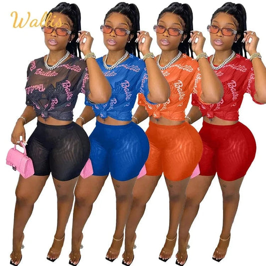 Perspective Mesh Outfits Fashion Letter Printing Women Sexy Crop Top Shirt Booty Shorts 2 Piece Set