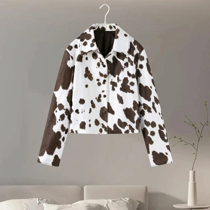 Photo Color / L Street Leopard Print Women Short Jacket Elegant Lapel Button Long Flare Sleeve Female Outwear 2025 Autumn Lady Streetwear