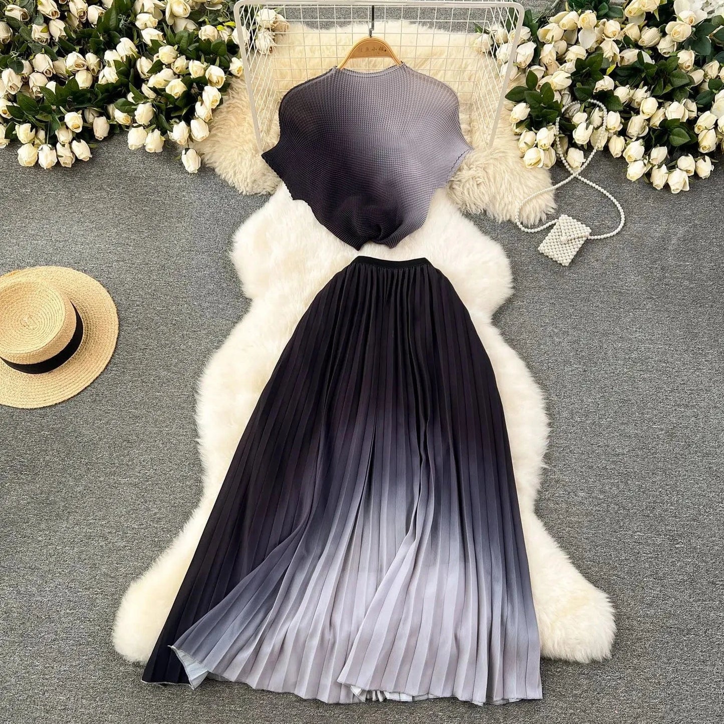 Picture 13 / One Size / CN Summer Contrast Color Miyake 2 Pieces Set Women's Short Sleeve High Stretch Pullover Shirt Top+Long Pleated Chiffon Skirt Suit