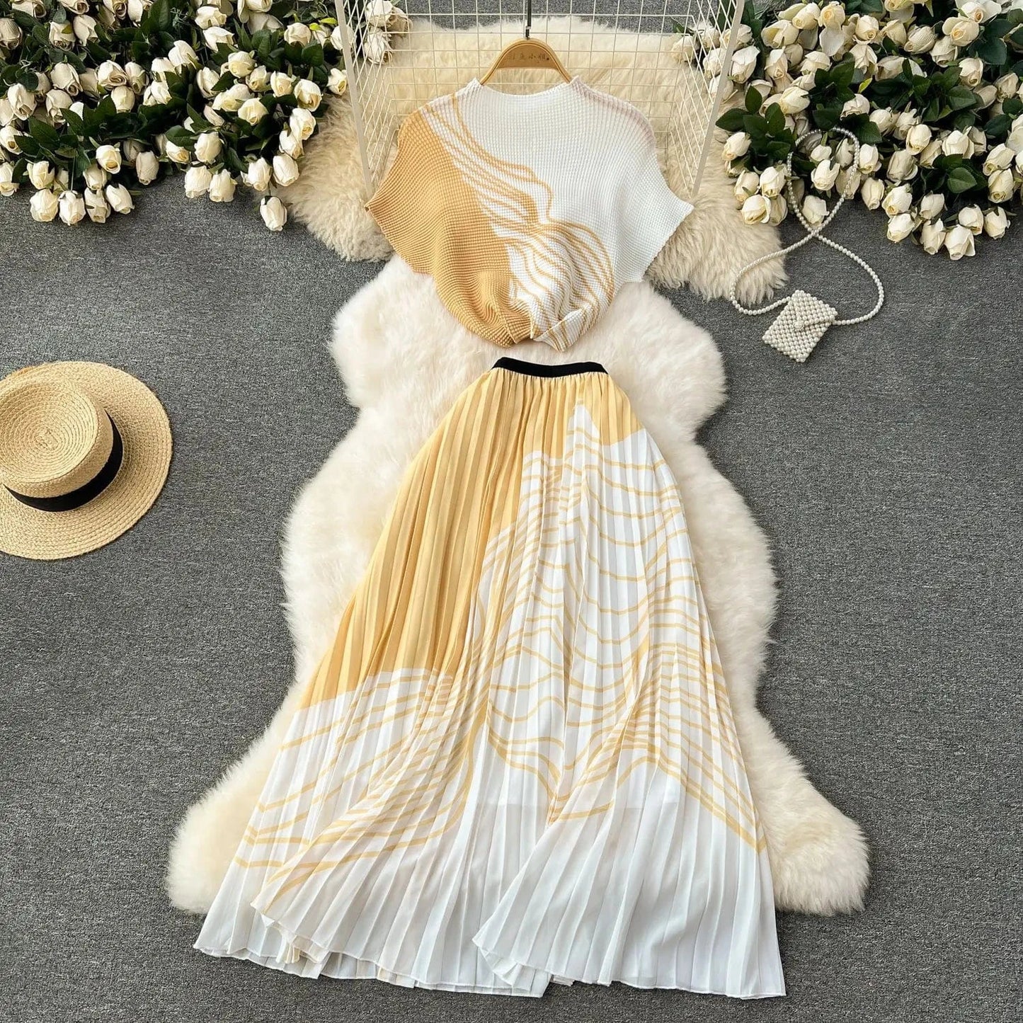 Picture 16 / One Size / CN Summer Contrast Color Miyake 2 Pieces Set Women's Short Sleeve High Stretch Pullover Shirt Top+Long Pleated Chiffon Skirt Suit