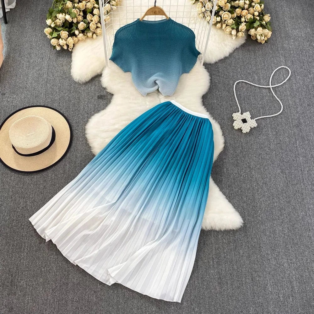 Picture 19 / One Size / CN Summer Contrast Color Miyake 2 Pieces Set Women's Short Sleeve High Stretch Pullover Shirt Top+Long Pleated Chiffon Skirt Suit