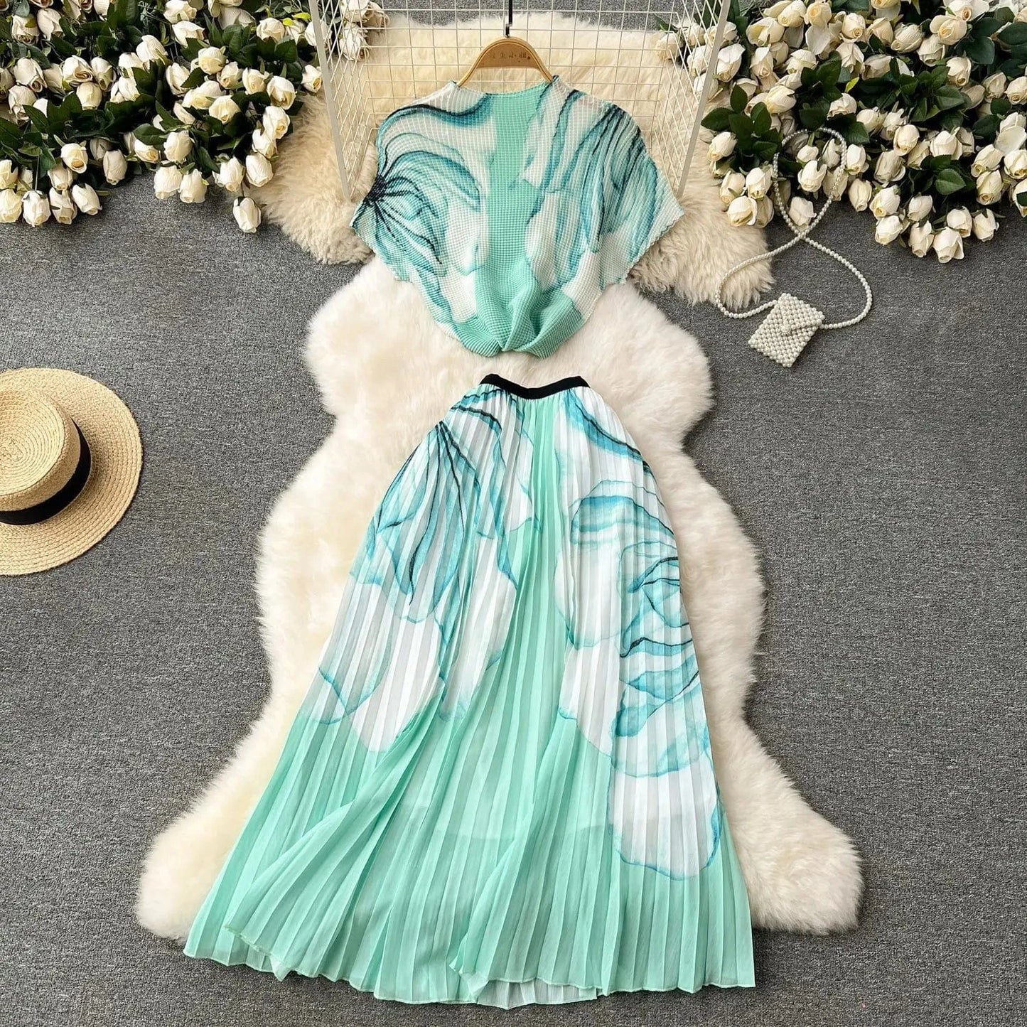 Picture 6 / One Size / CN Summer Contrast Color Miyake 2 Pieces Set Women's Short Sleeve High Stretch Pullover Shirt Top+Long Pleated Chiffon Skirt Suit