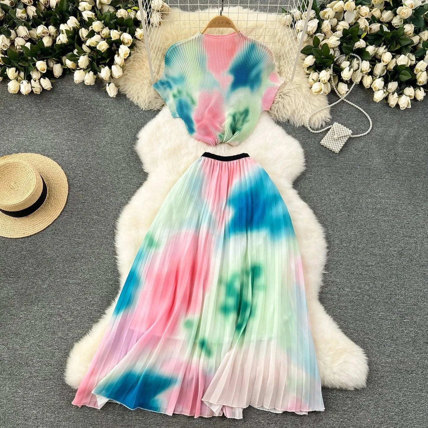 Picture 8 / One Size / CN Summer Contrast Color Miyake 2 Pieces Set Women's Short Sleeve High Stretch Pullover Shirt Top+Long Pleated Chiffon Skirt Suit