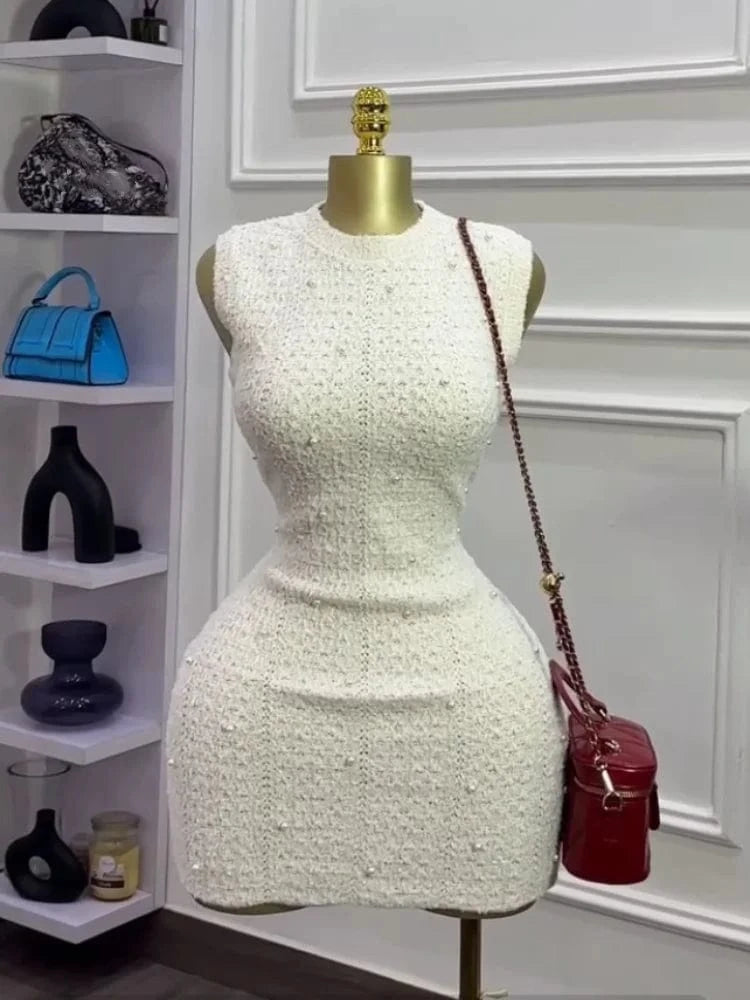 Picture Color / L Joskaa 2025 Fall Women's Pearl Embellished Round Neck Sleeveless Bodycon Mini Knitted Dress Party Clubwear Vintage Streetwear