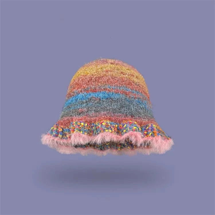 Pink 2024 New Retro Color Striped Oil Painting Style Bucket Hats Women Autumn and Winter Japanese Literary Fashion Warm Knitted Caps