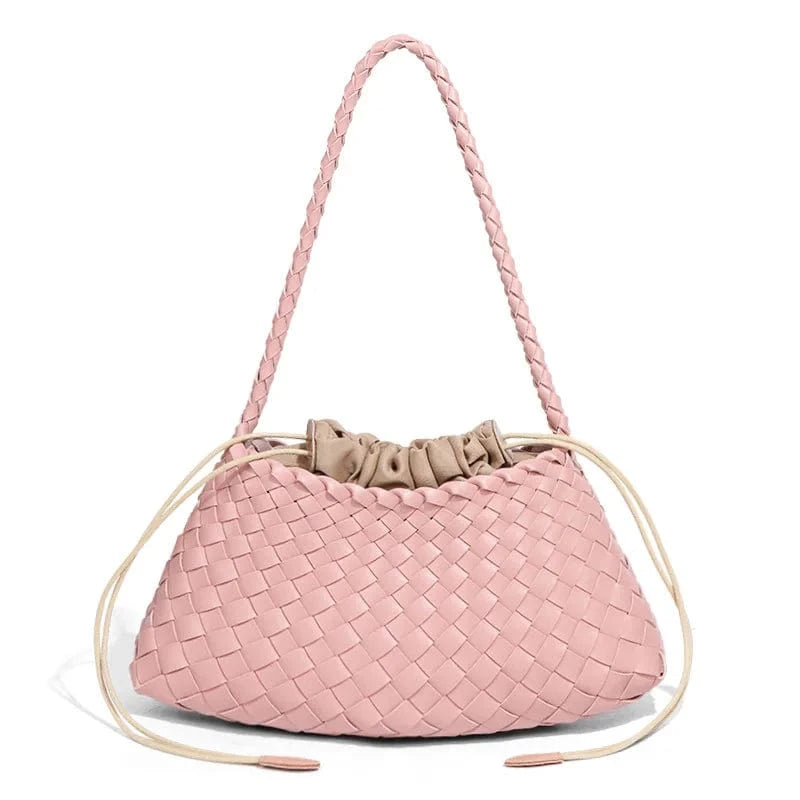 Pink 2025 Summer Luxury Woven Shoulder Bags for Ladies Fashion Handmade Woven Casual Braided Tote Hand Bag with Drawstring Purse