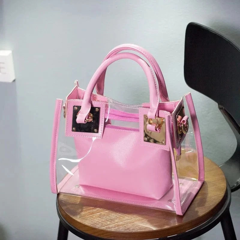 pink 2pcs Women Fashion Shoulder Bag Clear Jelly Clutch Purse Transparent Handbag