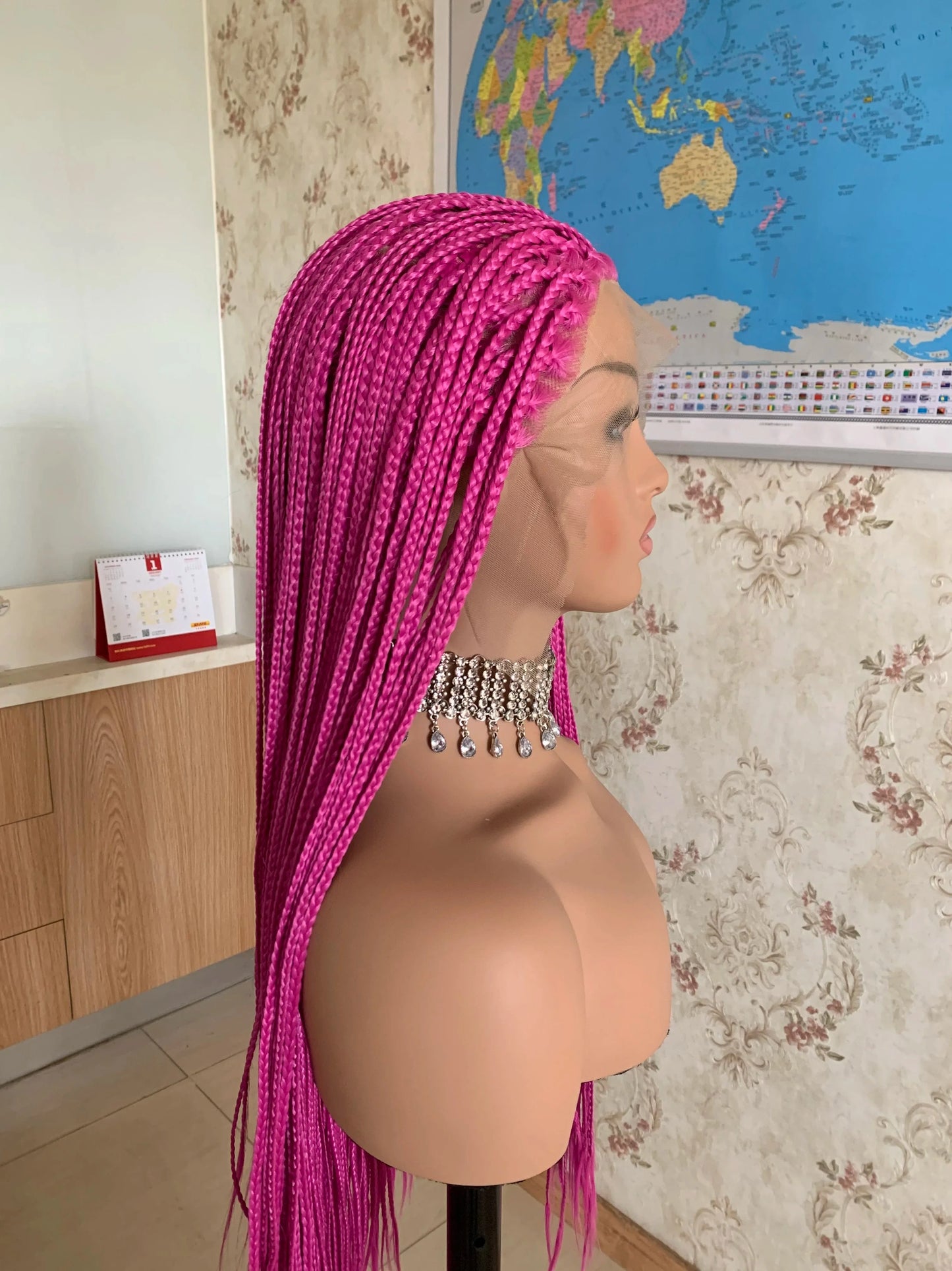 Pink / 30 Inches Rose Pink Color Synthetic Human Hair Wigs 30 Inches Long Synthetic Lace Front Wig Box Braid Wigs For Women