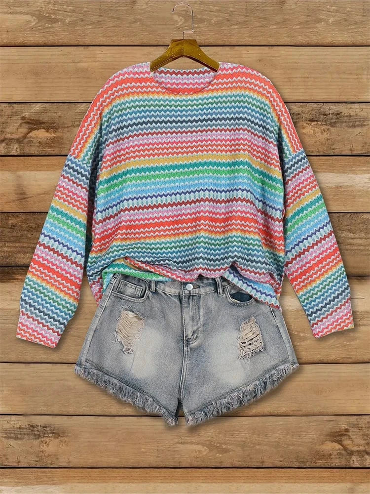 Pink / 3XL plus Size Hollow Collision Knitted Sweater round Neck Pullover Striped Design Comfortable Fit Women's Fashion Autumn Winter