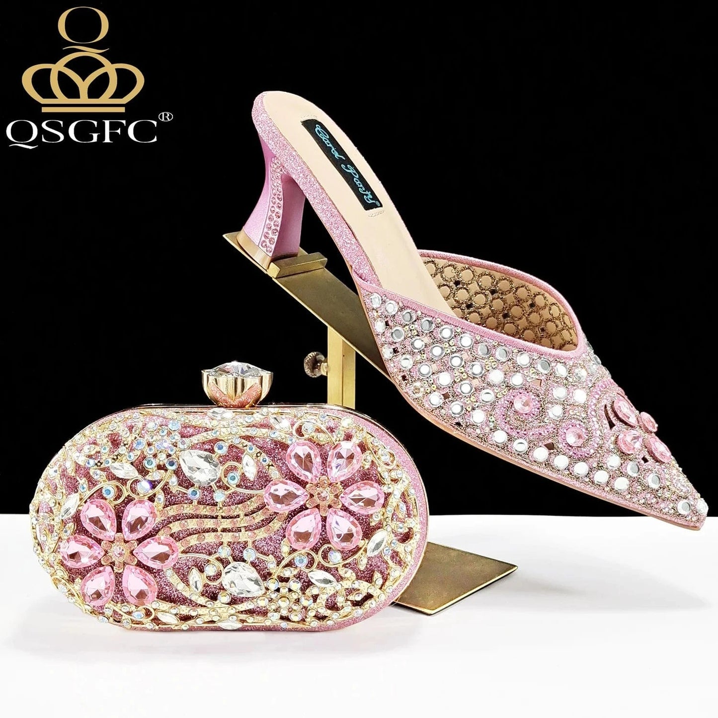 PINK / 43 / CHINA QSGFC New Design Specials Italian Women Heels Shoes and Bag in Pink Color Comfortable Heels With Rhinestone for Part