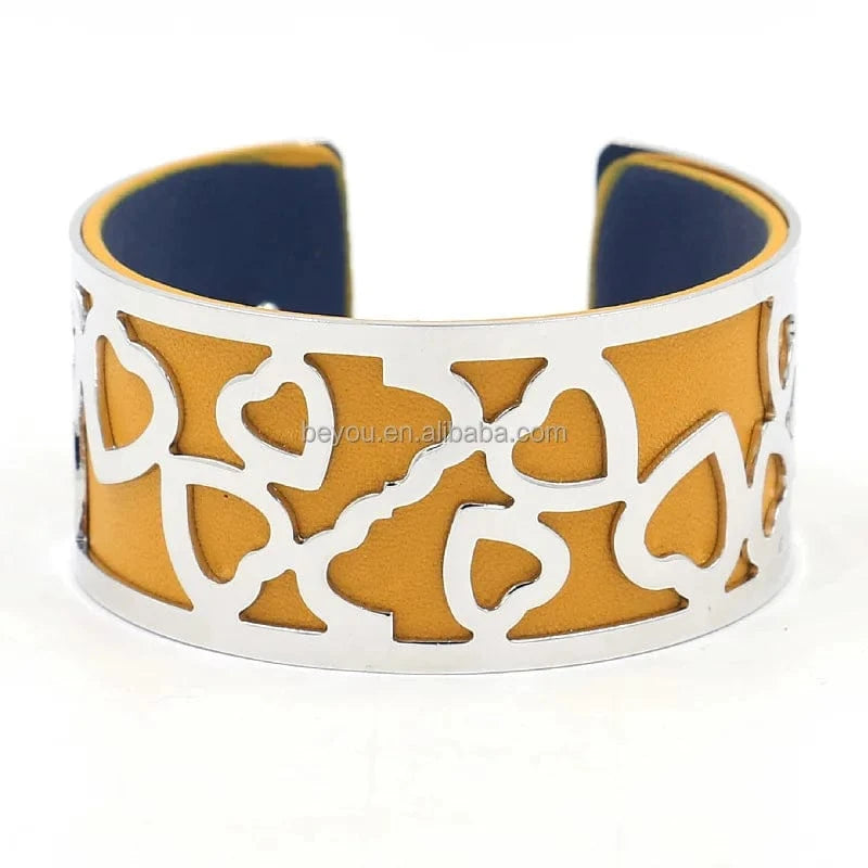 Pink Blue Red Black Blue Yellow Popular Jewelry C-shaped Opening Metal Hollow Double-sided PU Leather Wide Bracelet for women