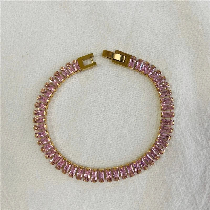 PINK bracelet 17cm Luxury Non Tarnish & Waterproof Shiny Baguette Tennis 18K Gold Plated Statement Zirconia Stainless Steel crystal Jewelry