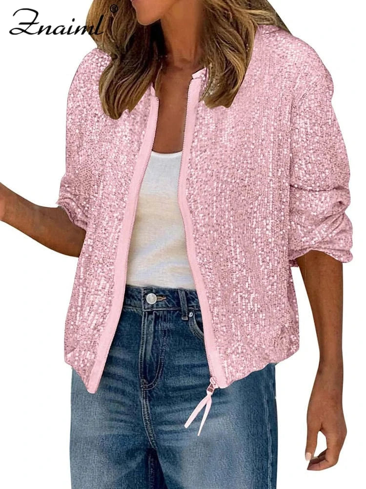pink coats / XXL Znaiml Women Luxury Sequin Jacket Y2k Harajuku Green Color Zipper Long Sleeve Short Coat Autumn Winter Ladies Night Clubwear New