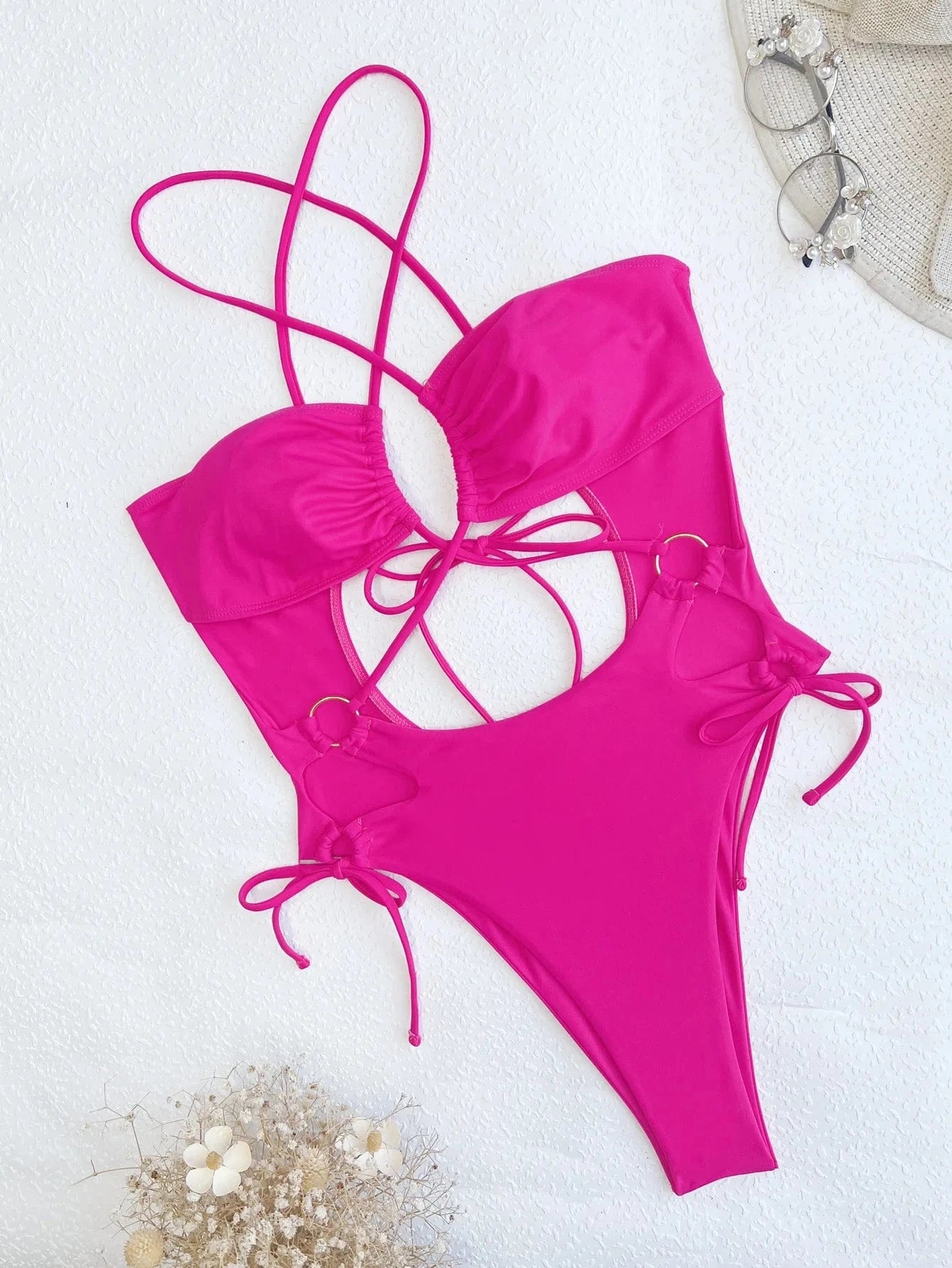 Pink Cut Out One Piece Swimwear Women Padded Sexy Bandage Swimsuit 2024 Summer Bathing Suit Bather Beachwear Monokini